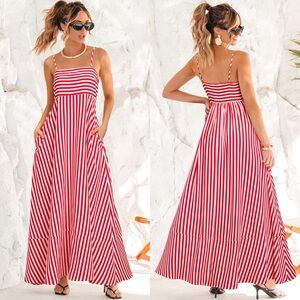 Cupshe Red & White Striped Maxi Dress Square Neck Summer Resort Dress w/pockets.
